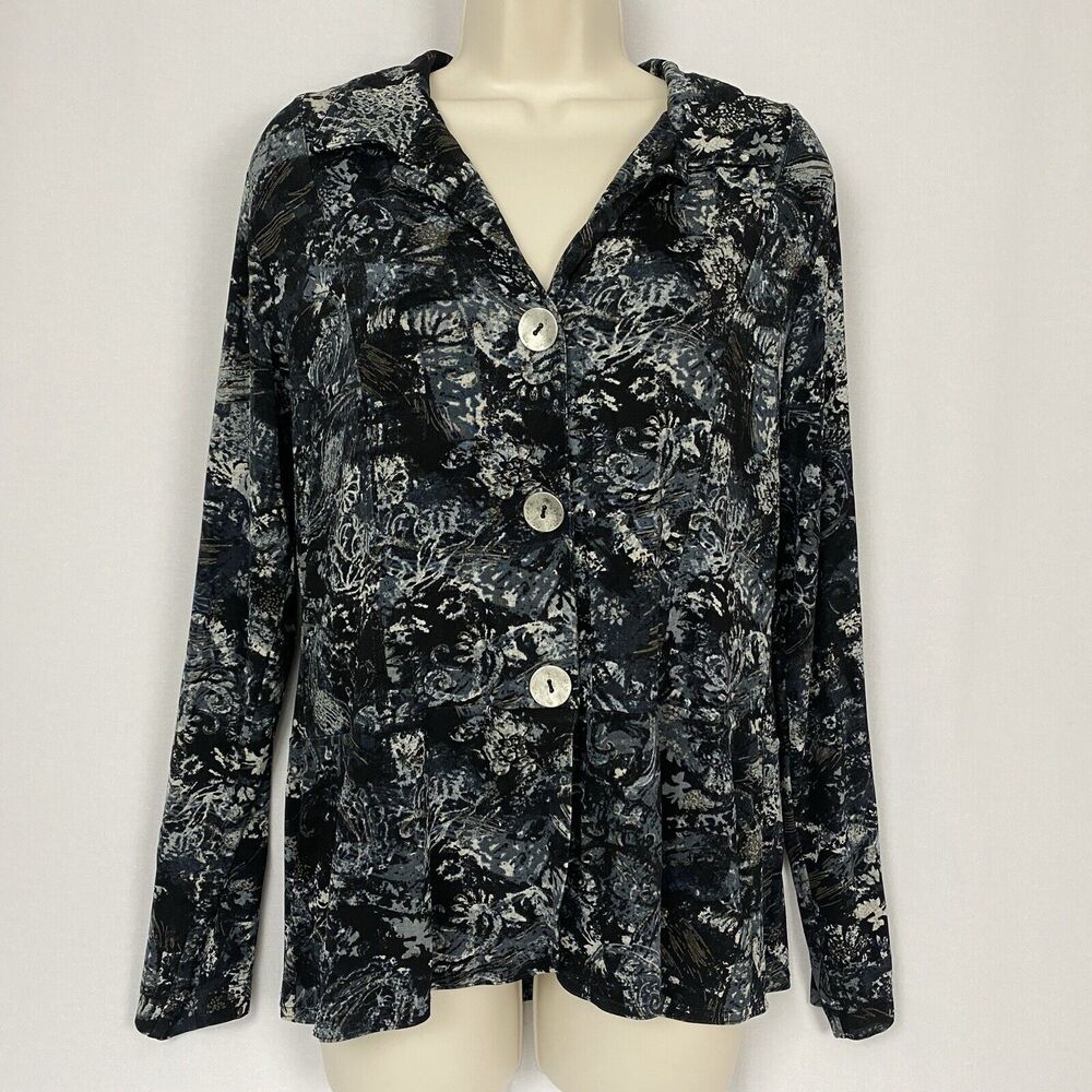 Chicos Travelers Shacket Top‎ Size 1 Small Medium Blue Silver Metallic Paisley